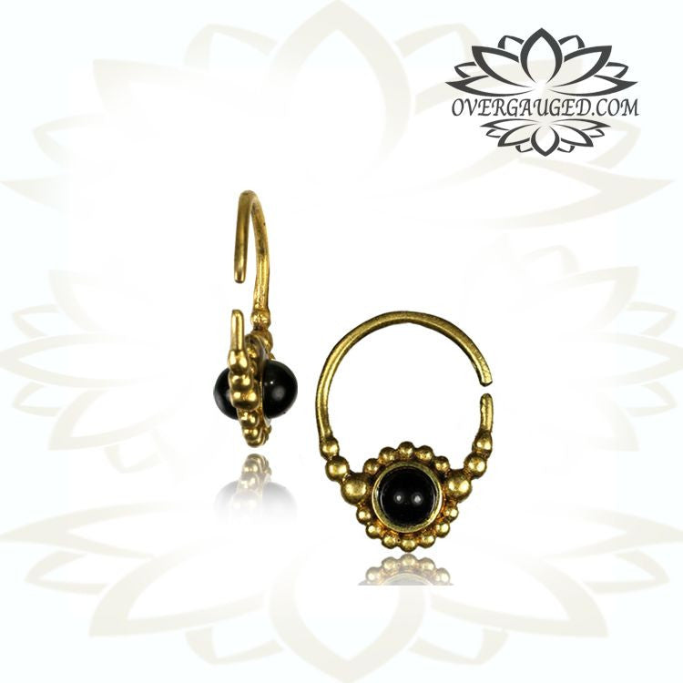 Pair of Ornate Thai Hill Tribe Tribal Brass Earring With Onyx Stone Double Sided.