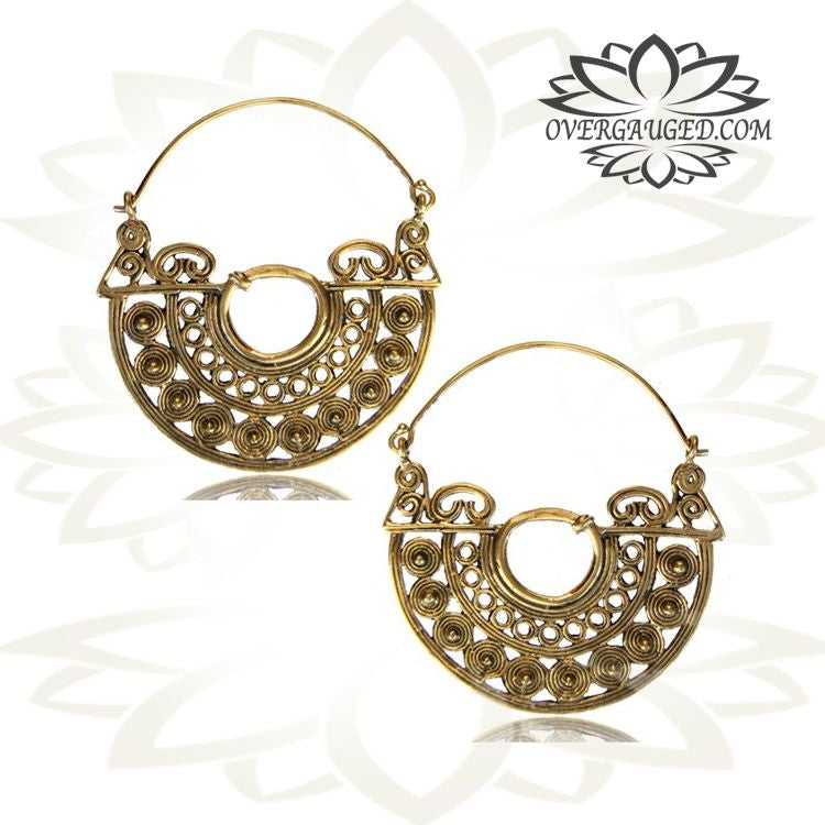 Pair of Ornate Brass Earrings Large Antiqued Tribal Hoops Brass Earrings.