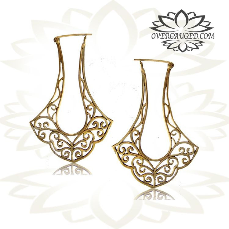 Pair of Ornate Tribal Brass Earrings Long Antiqued Hanger Brass Earrings.