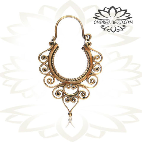 Pair of Brass Earrings Ornate Antiqued Tribal Hoops Long Brass Spirals Talons.