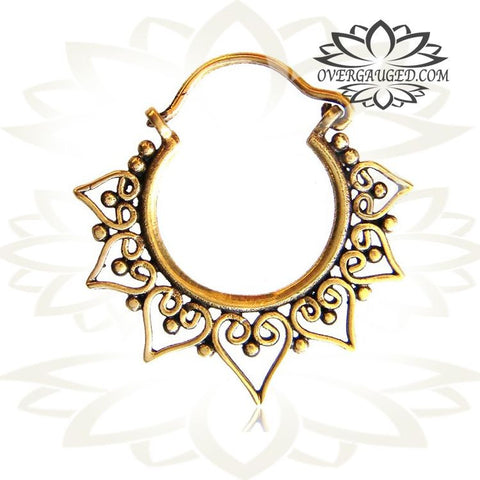 Pair of Brass Earrings Ornate Antiqued Tribal Hoops Long Brass Spirals Talons.