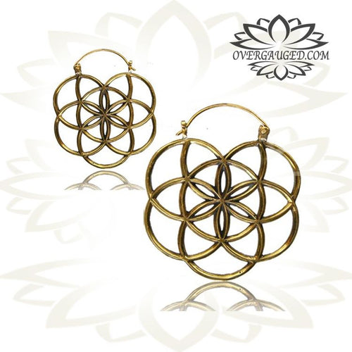 Pair of Flower of Life Antiqued Tribal Brass Hoops. Large Brass Earrings.