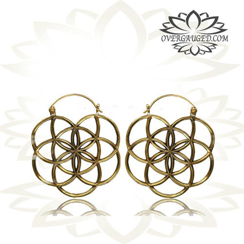 Pair of Flower of Life Antiqued Tribal Brass Hoops. Large Brass Earrings.