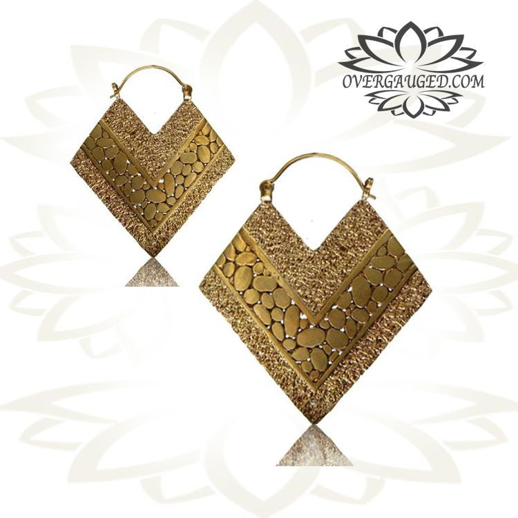 Pair of Ornate Brass Earrings, Stone Pebbles Pattern Antiqued Hoops.