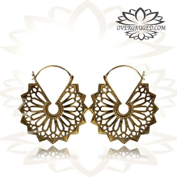 Pair Ornate Antiqued Tribal Hanging Hoops Brass Earrings, Hanger Earrings.