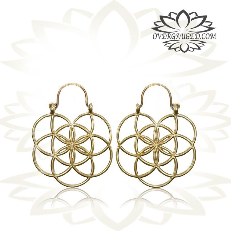 Pair Small Brass Earrings, Antiqued Flower of Life Tribal Hoops, Brass Body Jewelry.