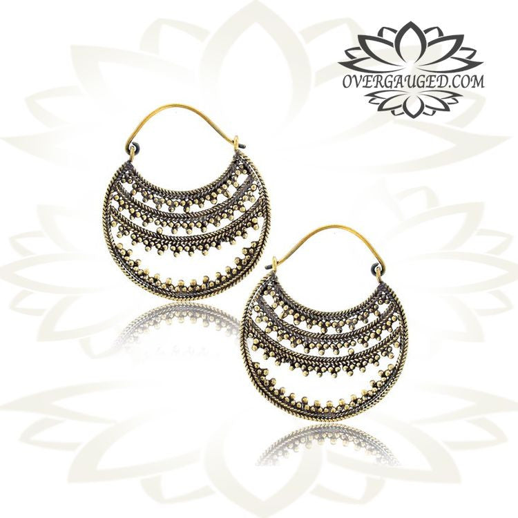 Pair of Ornate Brass Earrings, Antiqued Afghan Dots Tribal Hoops Body Jewelry.