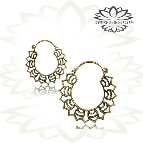 Pair of Brass Earrings Antiqued Lotus Flower Hoops Brass Jewelry.