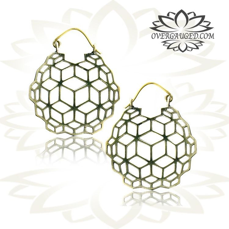 Pair of Ornate Brass Earrings Antiqued Geometric Hoops.