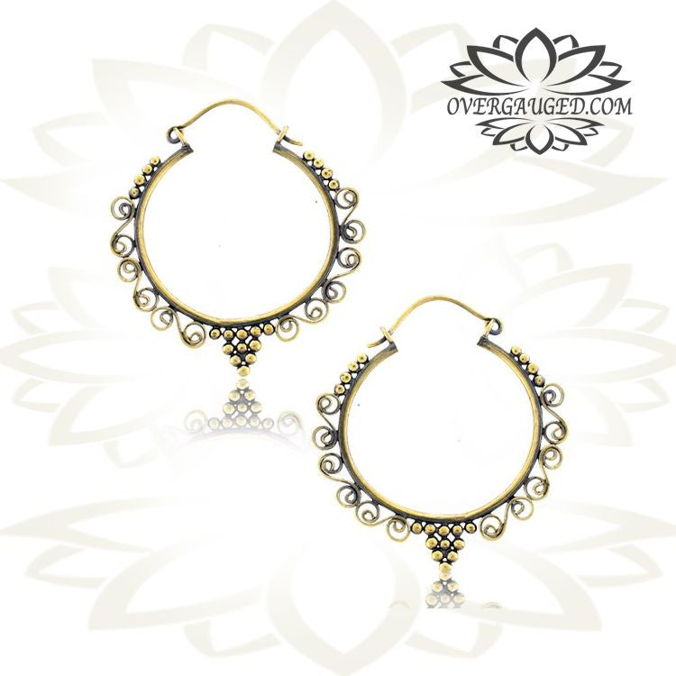 Pair of Ornate Brass Earrings, Antiqued Afghan Style Hoops Body Jewelry.