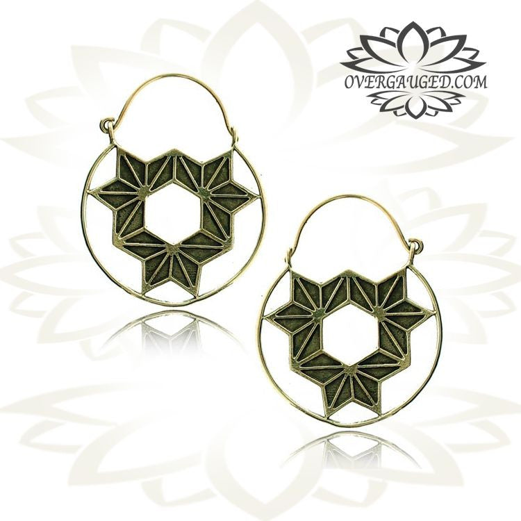 Pair of Ornate Brass Earrings Antiqued Geometric Hoop Earrings.