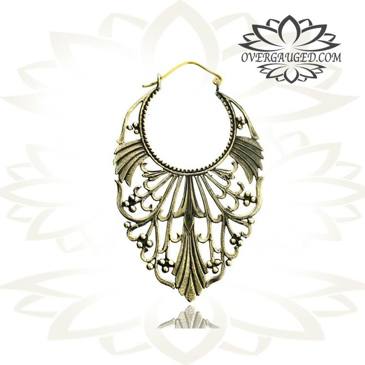 Pair of Long Ornate Antiqued Tribal Hoops Brass Earrings, Brass Body Jewelry.