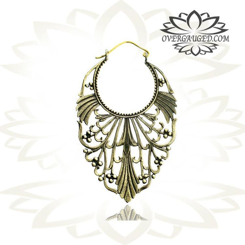 Pair of Long Ornate Antiqued Tribal Hoops Brass Earrings, Brass Body Jewelry.