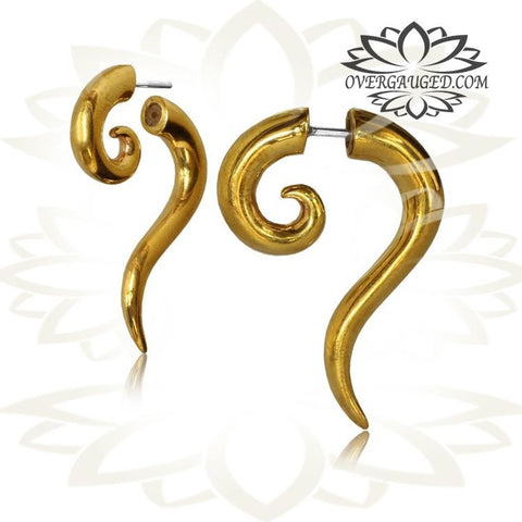 Pair Brass Fake Earrings, Faux Plugs or Fake Spike Expanders with Sterling Silver Pin, Cheater Plugs.