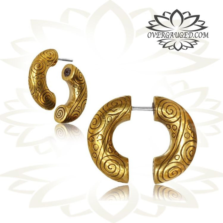 Pair of High Polished Brass Fake Piercing,Tribal Engraved Spirals With Sterling Silver Pin, 7/8" Inch