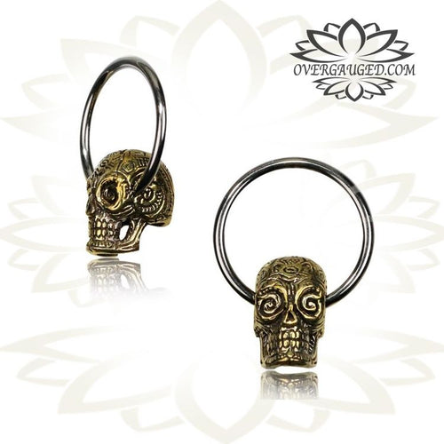 CBR Pair of Brass Day of the Dead Skull BCR Hoops, Brass Earrings Skulls Nipple Rings Earrings Piercing Body Jewelry.