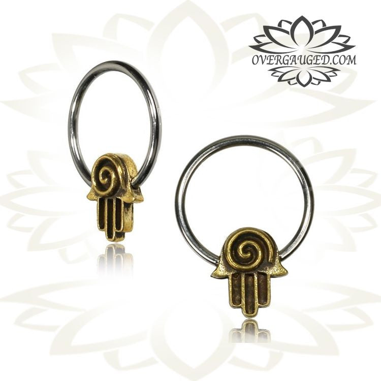 CBR Pair of Brass Hamsa Hand Fatima Hand Earrings With 316L Steel BCR, Ornate Antiqued Brass Nipple Rings Piercing.