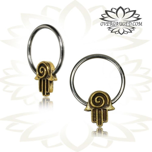 CBR Pair of Brass Hamsa Hand Fatima Hand Earrings With 316L Steel BCR, Ornate Antiqued Brass Nipple Rings Piercing.