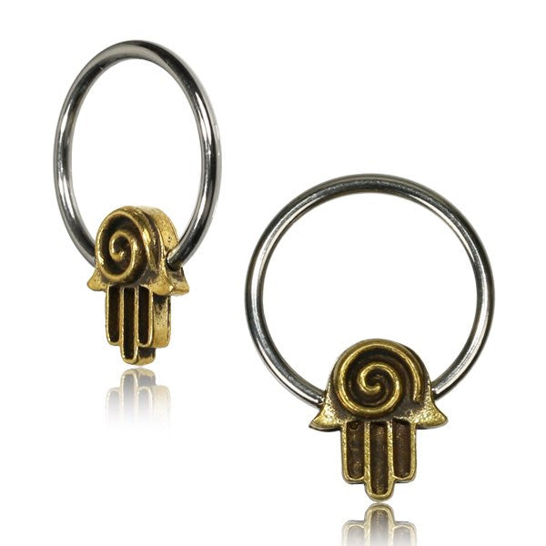 CBR Pair of Brass Hamsa Hand Fatima Hand Earrings With 316L Steel BCR, Ornate Antiqued Brass Nipple Rings Piercing.