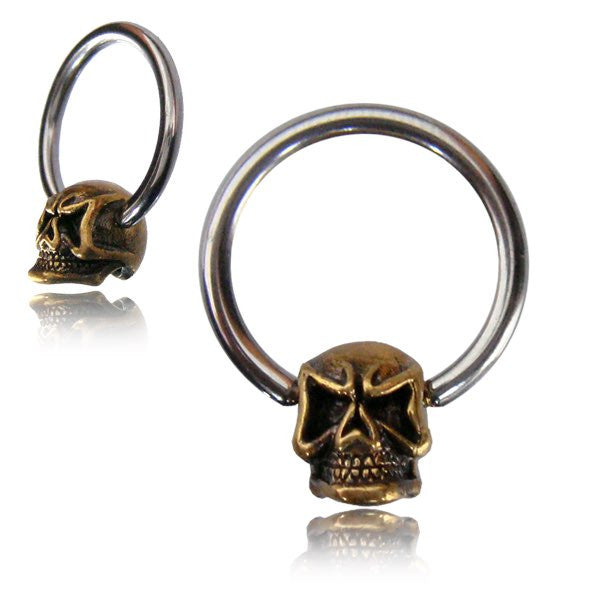 CBR Pair of Brass Earrings Angry Skull with Steel CBR Ornate Antiqued Brass Nipple Rings, Skull Earrings, Brass Body Piercing.