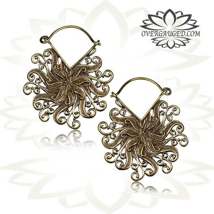 Pair of Floral Brass Earrings Antiqued Flower Tribal Hoops.