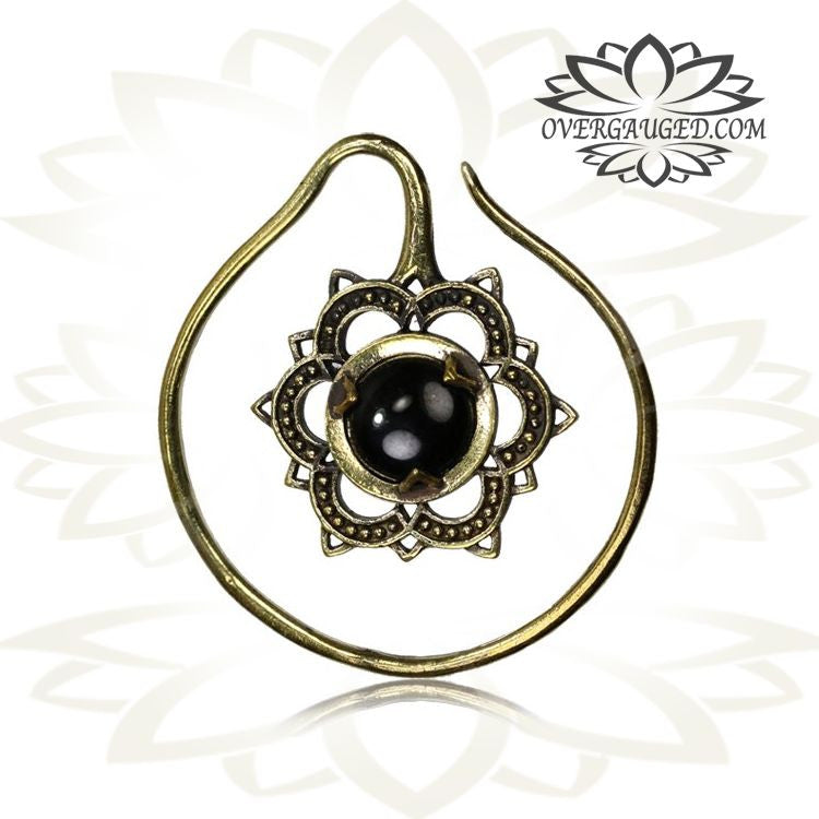 Pair 14g 1.6mm Ornate Brass Earrings Mandala Flower with Onyx Stone, Brass Body Jewelry, Double Sided.