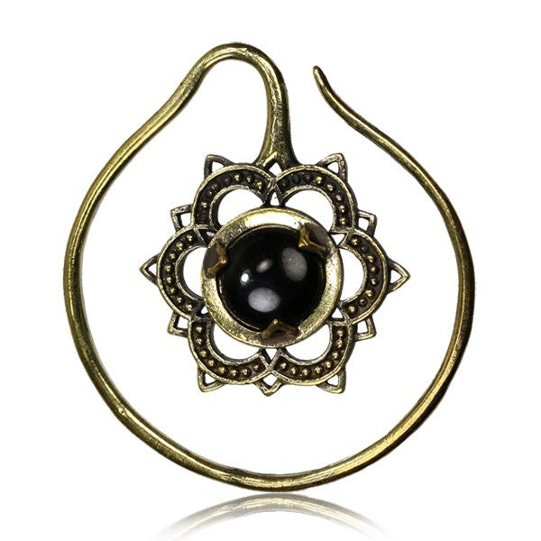 Pair 14g 1.6mm Ornate Brass Earrings Mandala Flower with Onyx Stone, Brass Body Jewelry, Double Sided.