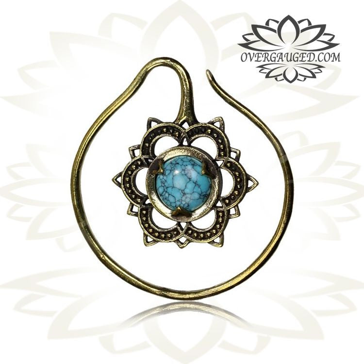 Pair 14g (1.6mm) Brass Earrings, Tribal Brass Jewelry Mandala Flower with Turquoise Stone, Double Sided.