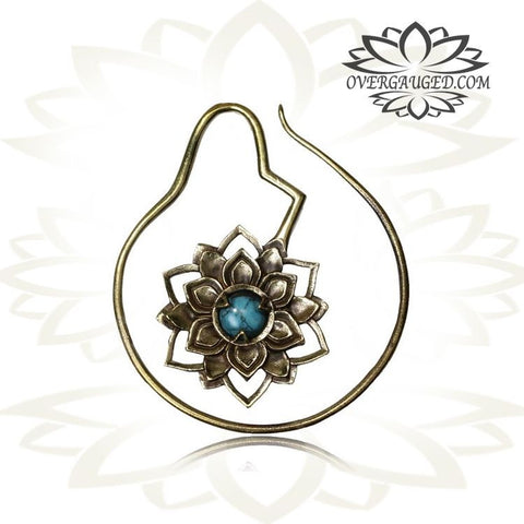 Pair 14g (1.6mm) Brass Earrings, Tribal Brass Jewelry Mandala Flower with Turquoise Stone, Double Sided.