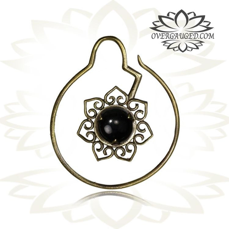 Pair 14g (1.6mm) Tribal Brass Earrings Brass Lotus Flower Bloom with Onyx Stone, Brass Hoops, Double Sided.