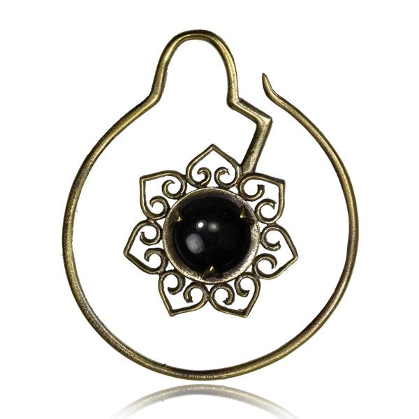 Pair 14g (1.6mm) Tribal Brass Earrings Brass Lotus Flower Bloom with Onyx Stone, Brass Hoops, Double Sided.