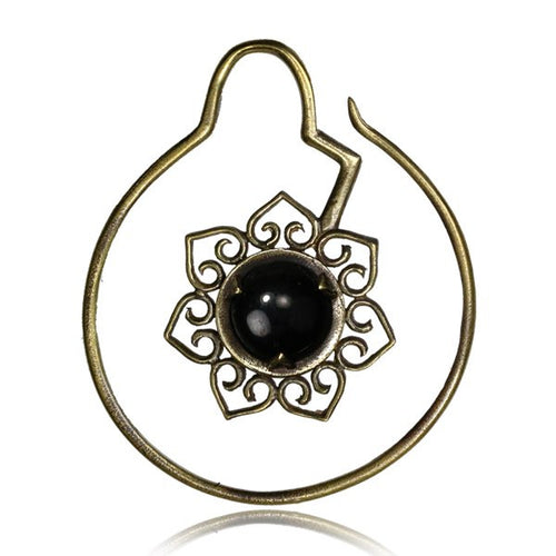 Pair 14g (1.6mm) Tribal Brass Earrings Brass Lotus Flower Bloom with Onyx Stone, Brass Hoops, Double Sided.