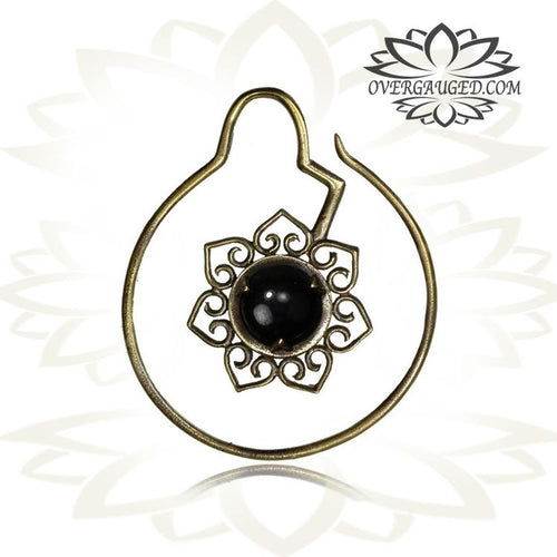 Pair 14g (1.6mm) Tribal Brass Earrings Brass Lotus Flower Bloom with Onyx Stone, Brass Hoops, Double Sided.