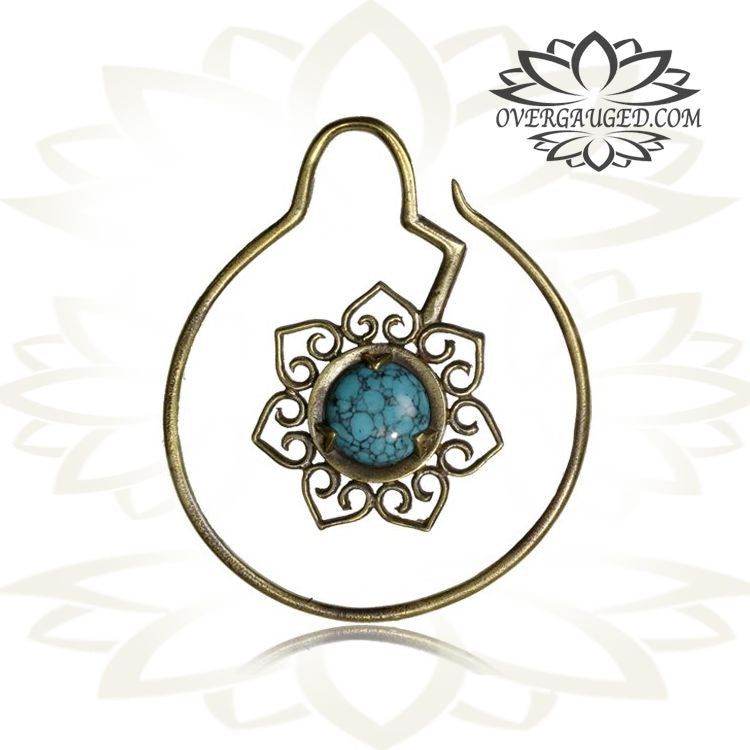 Pair 14g (1.6mm) Brass Earrings Tribal Lotus Flower Bloom with Turquoise, Double Sided.