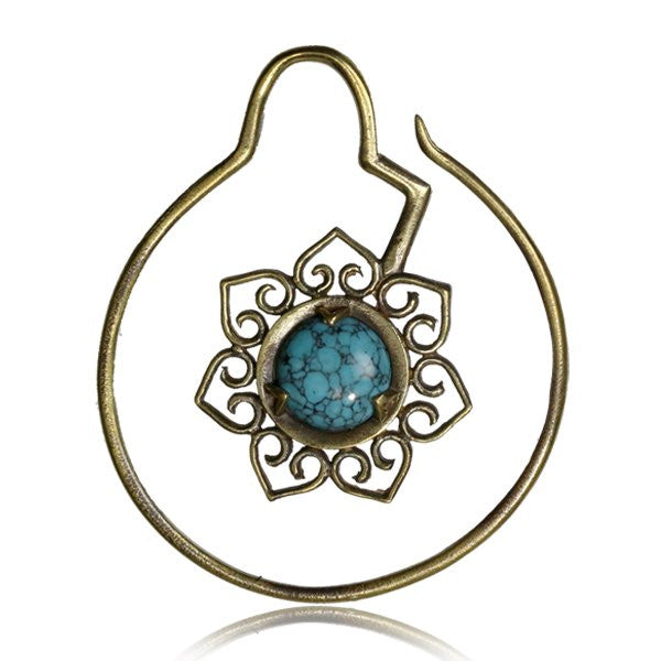 Pair 14g (1.6mm) Brass Earrings Tribal Lotus Flower Bloom with Turquoise, Double Sided.