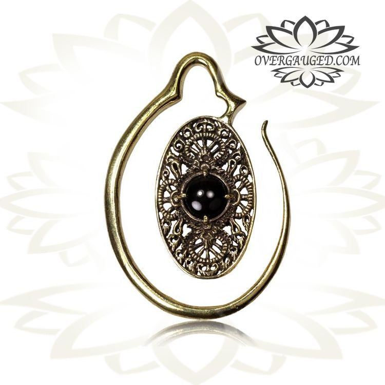 Brass Ear Weights in 6g (4mm) With Onyx Stone, Long Brass Earrings, Brass Body Jewelry .