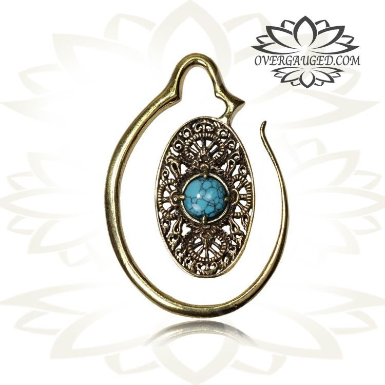 Brass Ear Weights in 6g (4mm) With Turquoise Stone, Long Brass Earrings, Brass Body Jewelry.