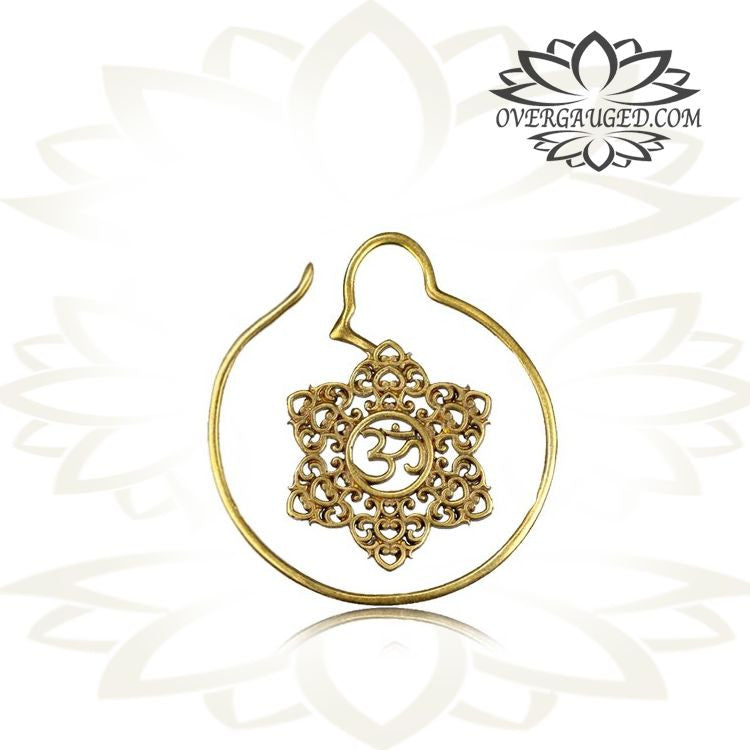 Pair 16g (1.2mm) Ornate Brass Earrings Antiqued Om Symbol Brass Piercing, Brass Body Jewelry.