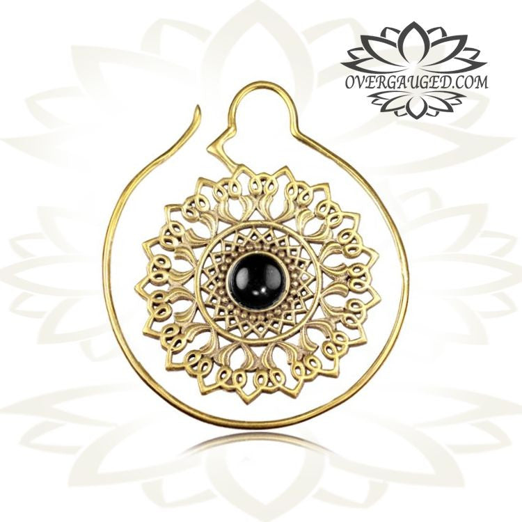 Pair 16g (1.2mm) Ornate Brass Earrings Antiqued Brass Mandala Flower Bloom W/ Onyx Expander, Double Sided, Brass Body Jewelry.