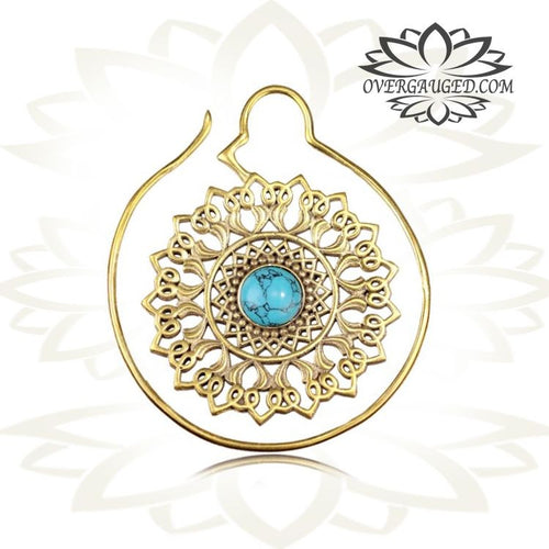Pair 16g (1.2mm) Ornate Brass Earrings Antiqued Brass Mandala Flower with Turquoise Stone, Double Sided, Brass Body Jewelry.