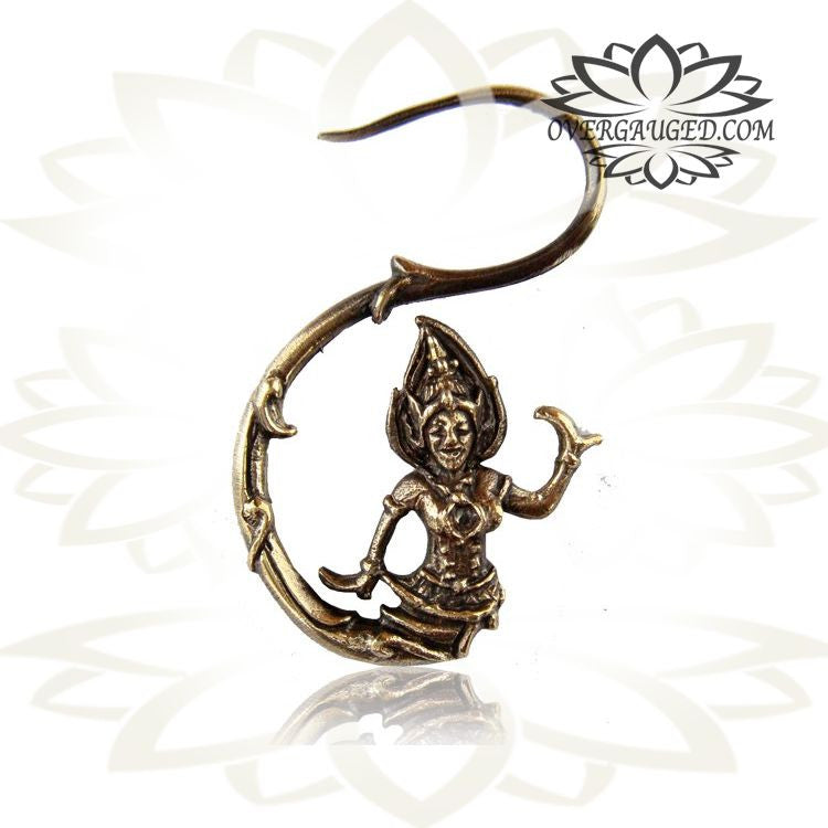 Pair 18g Brass Earrings Antiqued Thai Dancing Goddess, Long Ornate Brass Earrings, Brass Body Jewelry.