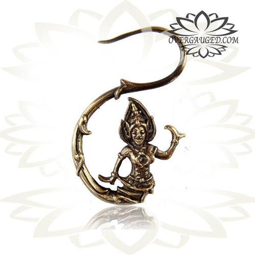 Pair 18g Brass Earrings Antiqued Thai Dancing Goddess, Long Ornate Brass Earrings, Brass Body Jewelry.