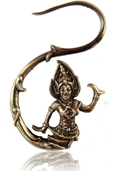 Pair 18g Brass Earrings Antiqued Thai Dancing Goddess, Long Ornate Brass Earrings, Brass Body Jewelry.