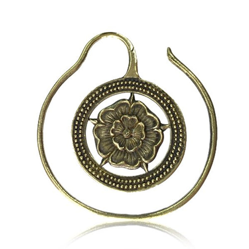 Pair 14g (1.6mm) Tribal Brass Flower Earrings Antiqued Brass Hoops Earrings, Brass Body Jewelry.