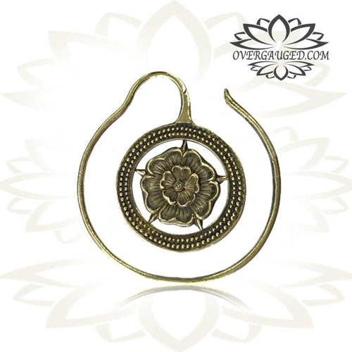 Pair 14g (1.6mm) Tribal Brass Flower Earrings Antiqued Brass Hoops Earrings, Brass Body Jewelry.