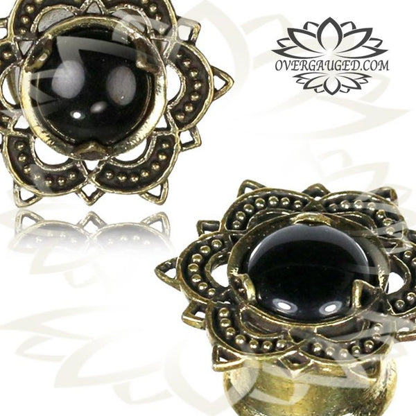 Pair Ornate Brass Tunnels, Tribal Lotus Flower Earrings with Onyx Ston –  Overgauged