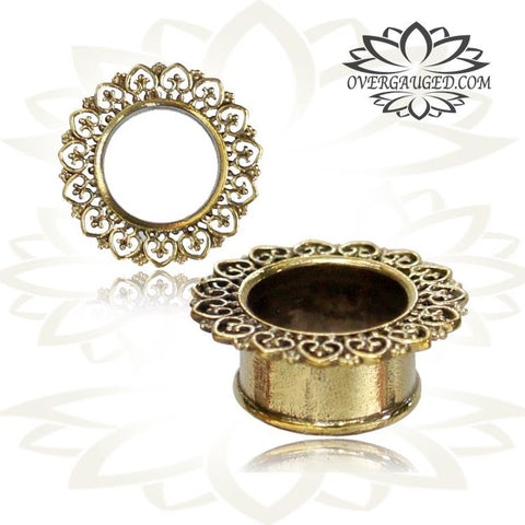 Pair Antiqued Afghan Brass Plugs, Tribal Ornate Brass Gauges, Double Flared Tribal Gauges, Brass Body Jewelry.