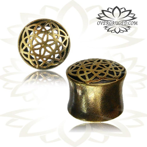 Pair Flower Of Life Brass Plugs, Tribal Brass Tunnels, Double Flared Ear Gauges, Tribal Body Jewelry.