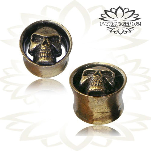 Pair of Ornate Skull Brass Tunnels, Tribal Brass Plugs, Brass Ear Gauges, Double Flared Plugs, Brass Body Jewelry.