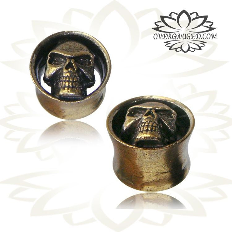 Pair of Ornate Skull Brass Tunnels, Tribal Brass Plugs, Brass Ear Gauges, Double Flared Plugs, Brass Body Jewelry.